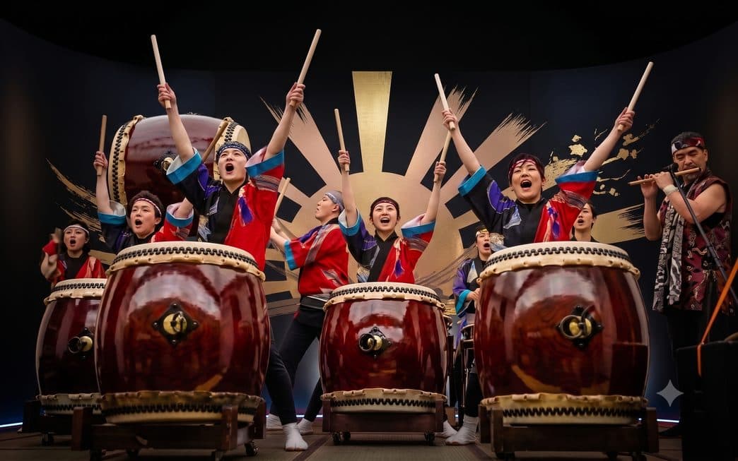 Taiko ensemble mid-strike