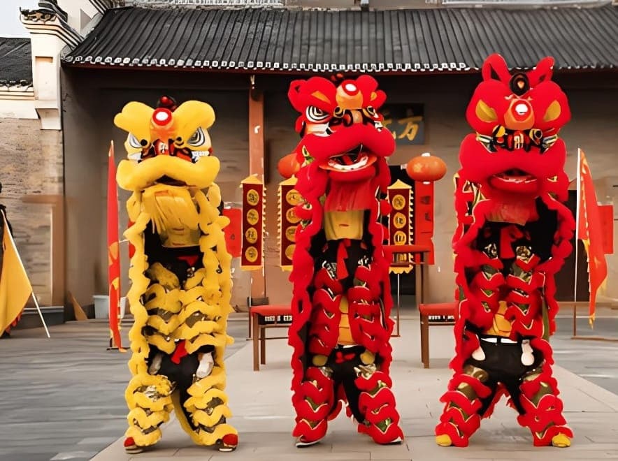 Lion dance performers mid-routine
